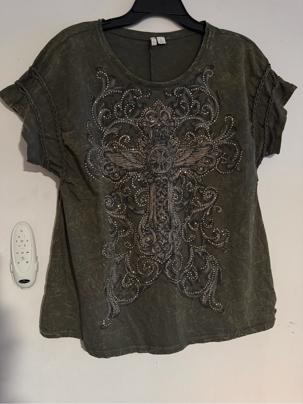 Cherokee Olive Green Short Sleeve Tee with Embellished Cross
